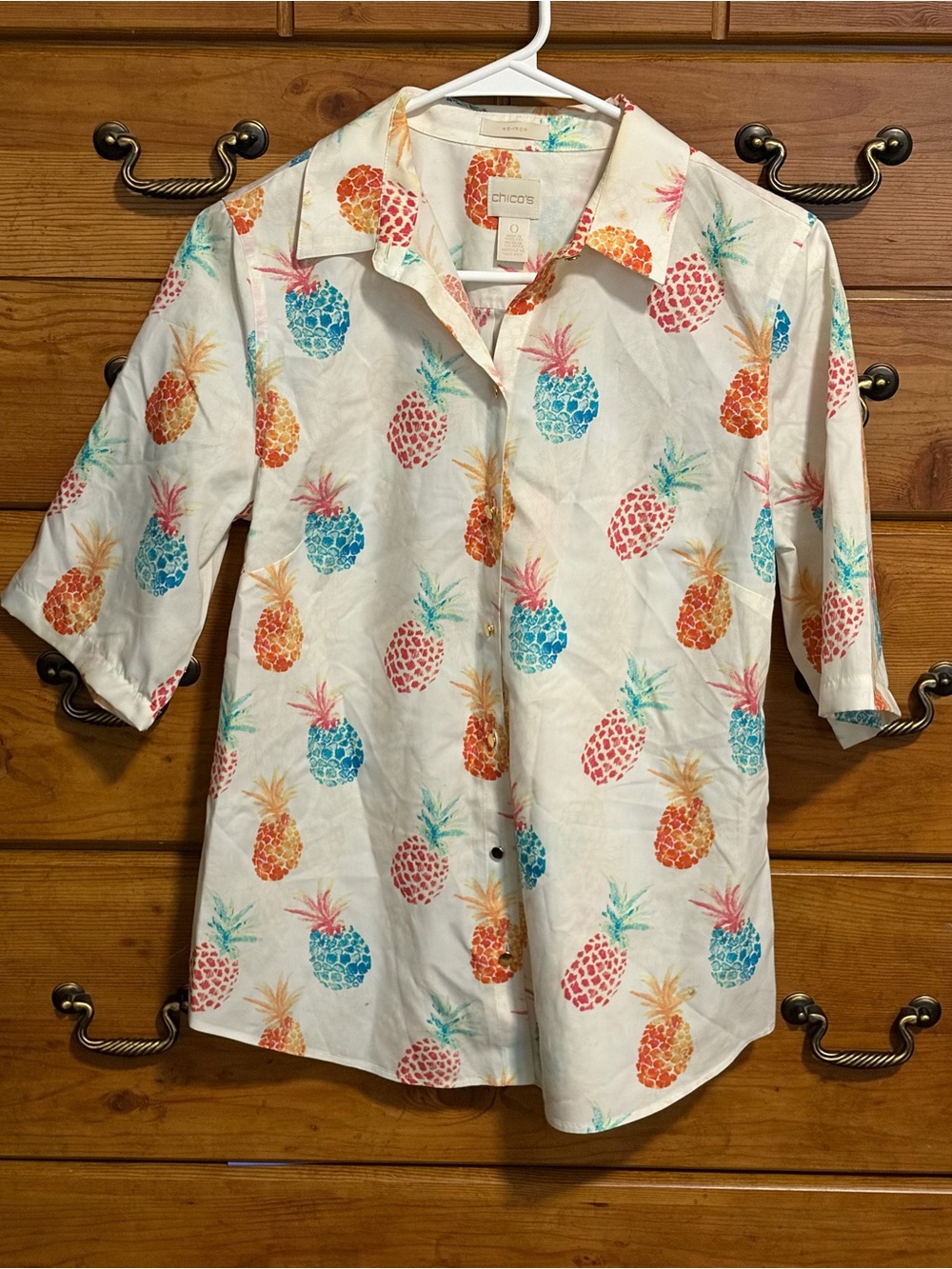 Chico's White Button-Up Shirt with Multicolor Pineapple Print